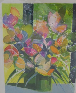 Limited edition coloured print, still life study, "Vase of Tulips" indistinctly signed 19" x 15"