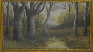 Hustwayte, oil painting on canvas "Wooded Scene" 8" x 13" signed and dated 1919