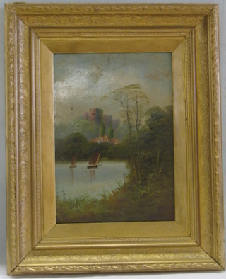 A 19th Century oil painting on canvas "River with Boats, Castle in Distance" 13" x 10"