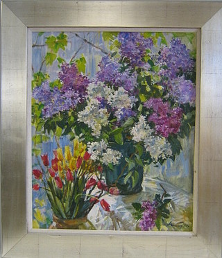 Anatokiy Tkatch, Russian School oil painting on canvas, still life, "Bucket of Flowers and Terracotta Urn of Flowers" 28" x 23"