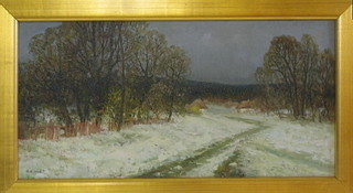 Fedir Klymenko, Russian School oil painting on canvas, "Winter Scene with Track and Building in Distance" 12" x 24"