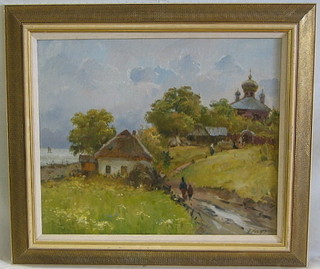 Peter Magro, Russian School oil painting on canvas, "Bay with Thatched Cottage Church and Figures" 19" x 23"