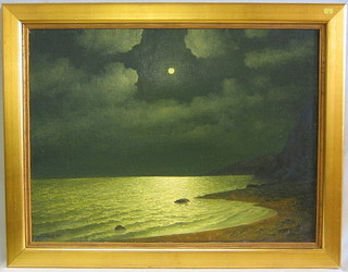 Fedir Klymenko, Russian School oil painting on canvas, "Moonlit Seascape with Bay Cliffs and Calm Sea" 23" x 30" 
