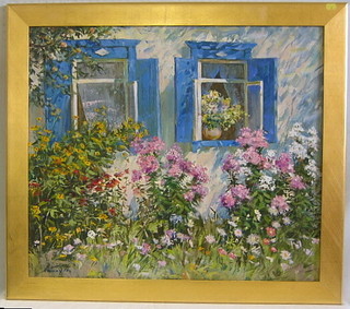 Anatoliy Tkatch, Russian School oil painting on canvas, "Summer Garden with House with Open Shutters" 25" x 29"