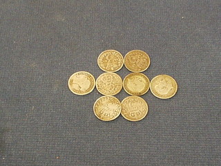 8 various silver threepennny pieces