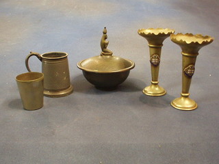 A pair of silver plated specimen vases decorated the crest of MV Rangitane 5", a silver plated spirit  measure marked SS Tainui, a Britannia metal christening tankard and an Israeli circular embossed metal powder bowl