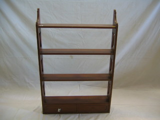 A hardwood 4 tier hanging wall shelf, the base fitted a drawer 28"