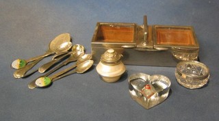 A silver plated twin compartment cigarette box, a cut glass salt with silver rim, a small collection of plated cutlery, a heart shaped glass taper stick and a mother of pearl silver mounted trinket box