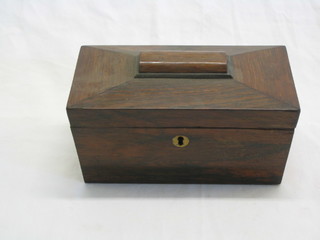 A Victorian rosewood sarcophagus shaped twin compartment tea caddy with hinged lid 9"