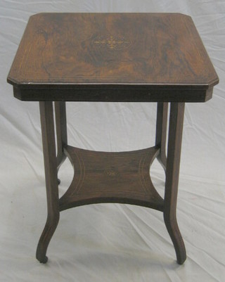 A Victorian inlaid rosewood square occasional table with shaped undertier, raised on splayed supports, 20"