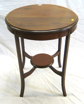 An Edwardian circular inlaid mahogany 2 tier occasional table, raised on splayed supports 23"