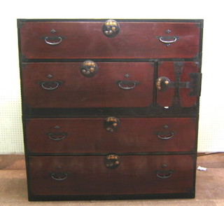 An Eastern hardwood chest on chest (in 2 sections) the upper section fitted 1 long and 1 short drawer with cupboard to the side, the base fitted 2 long drawers with iron banding and carrying handles 45"