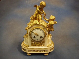 A French 19th Century 8 day striking mantel clock with porcelain dial and Arabic numerals contained in an alabaster case surmounted by 2 gilt spelter figures of cherubs