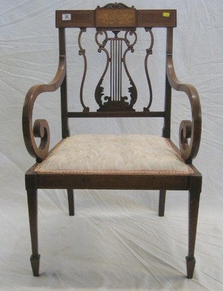 A fine quality Edwardian inlaid bar back open arm chair with pierced lyre shaped splat backs, inlaid throughout, on square tapering supports ending in spade feet