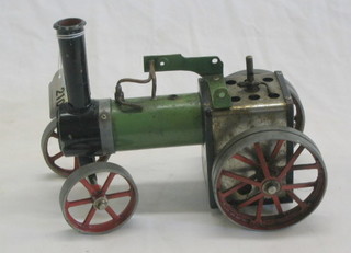A Mamod TE1 steam traction engine in green and block livery (requires attention)