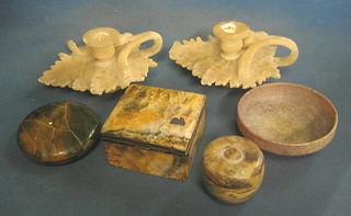 A 1920's hardstone cigarette box with hinged lid and silver mounts 4" (f), a circular turned hardwood bowl, a jar and cover and 2 alabaster chamber sticks