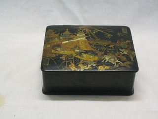 A 19th Century Oriental lacquered box with hinged lid, decorated a warring scene with besieged castle 7"