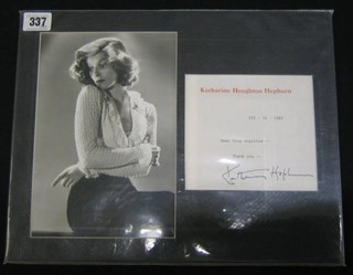 A black and white photograph of a seated Katharine Hepburn together with a typed written compliment slip Katharine Houghton Hepburn 3 24 87 Dear Doug Angelica -- Thank you -- Katherine Hepburn