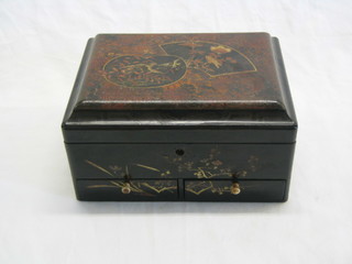 An Oriental lacquered jewellery box with hinged lid, the base fitted 2 drawers 10"