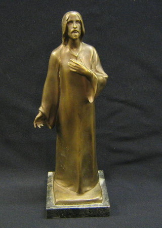 H Muler, a bronze figure of standing Christ with hand outstretched raised on a grey grained marble base 10"