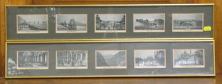 A  set of 10 monochrome prints of Brighton "Aquarium Orchestra, Interior of Aquarium, Devils Dyke, The Royal Pavilion Entrance, The Royal Pavilion East Front, Brunswick Square, West Pier, Head of New Pier, The Royal Chain Pier and Aquarium and Chain Pier" contained in 2 frames