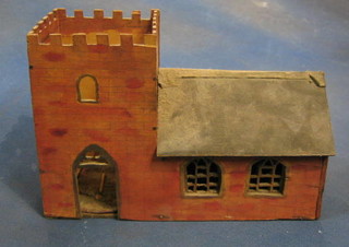 A wooden model of a church