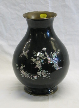 A Korean lacquered baluster shaped vase with mother of pearl decoration 12"
