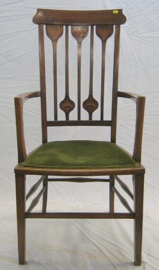 An Edwardian inlaid mahogany open arm stick and bar back chair on square tapering supports