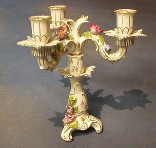 A late Dresden porcelain 3 light candelabrum with floral encrustation 10"