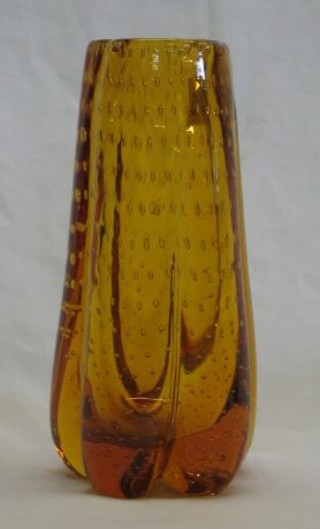 A Whitefriars 5 lobe Heavy Bubble Amber club shaped glass vase 7"