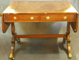 A William IV rosewood sofa table with crossbanded top fitted 2 drawers on standard end supports with low stretcher 37"