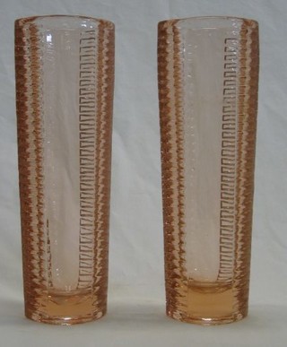 A pair of Peach Pressed Glass vases 9"