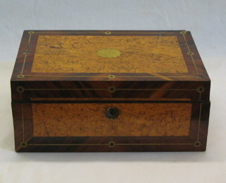 A 19th Century burr walnutwood, crossbanded rosewood and brass inlaid sewing box with hinged lid, 11"