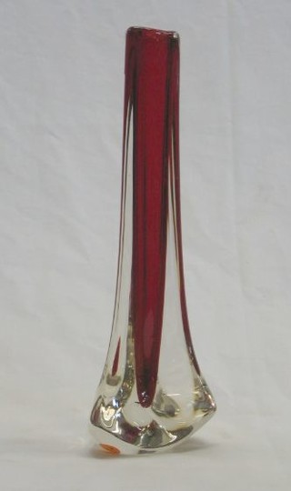 A Whitefriars triangular Red 3 Sided glass vase  9"