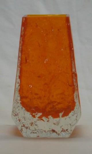 A Whitefriars Amber Coffin shaped bark glass vase 5"