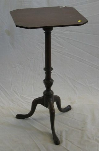 A 19th Century mahogany octagonal wine table, raised on pillar and tripod supports (blacksmith repair) 15"
