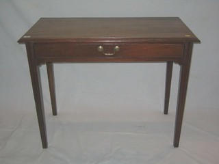 A Georgian mahogany side table fitted a frieze drawer with brass swan neck drop handles, raised on square supports 36"