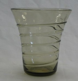 A Whitefriars small Sage Ribbon Trail trumpet shaped glass vase 6"