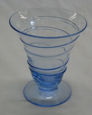 A Whitefriars Sapphire Ribbon trumpet shaped vase  raised on a circular spreading foot 5"