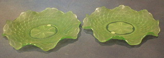 2 Bagley Uranium pressed green leaf shaped glass bowls  10"