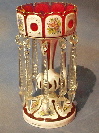 A red glass lustre with floral decoration 13"