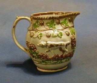 A 19th Century copper lustre jug decorated hounds 5" (f and r to base)