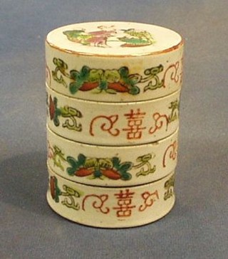 A 19th Century Canton famille vert porcelain cylindrical 4 section jar and cover 4"