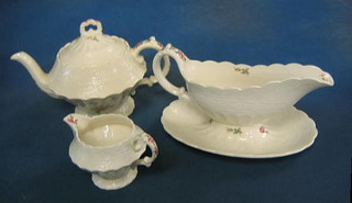 A 61 piece Spode Jewel pattern dinner service comprising: 2 twin handled tureens, 2 oval pottery meat plates, 9 dinner plates, 6 side plates, 8 tea plates, twin handled bread plate, teapot, cream jug, 6 small circular dishes, 8 tea plates, 8 cups and 8 saucers