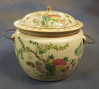 A 19th Century famille vert porcelain circular jar and cover with floral decoration, the lid with Dog of Fo finial 10" (lid f and r)