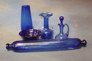 A Bristol blue glass rolling pin 14", a circular waisted Bristol blue glass bowl 4", 2 ditto vases and a ewer