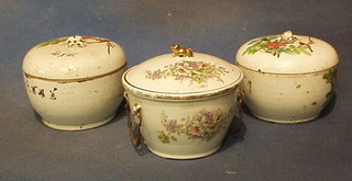 A 19th Century Oriental jar and cover with floral decoration and character mark to base, 5"  and a 19th Century Japanese Canton famille rose porcelain jar and cover decorated birds amidst flowering branches 6", and a  19th Century Oriental twin handled porcelain bowl with floral decoration, the inner section with insulated liner, the lid decorated a Dog of Fo, 4" 