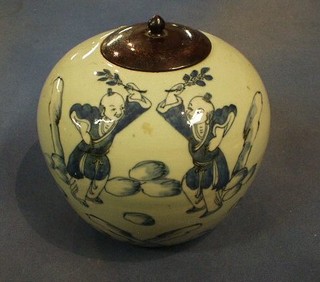 A 19th Century Oriental blue and white porcelain ginger jar decorated figures 9"