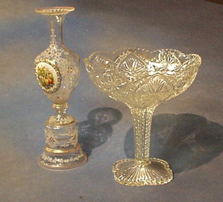 A 19th Century pressed glass pedestal bowl 9" and an enamelled glass club shaped vase 12" (2)