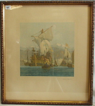 After Norman Wilkinson, a coloured print "Harboured Galleon" signed in margin 13" x 13"